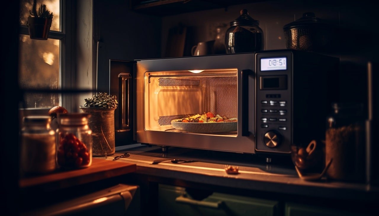 Une cuisine dans la peine ombre juste éclairée par la lumière d'un four à micro-ondes réchauffant une quiche aux légumes