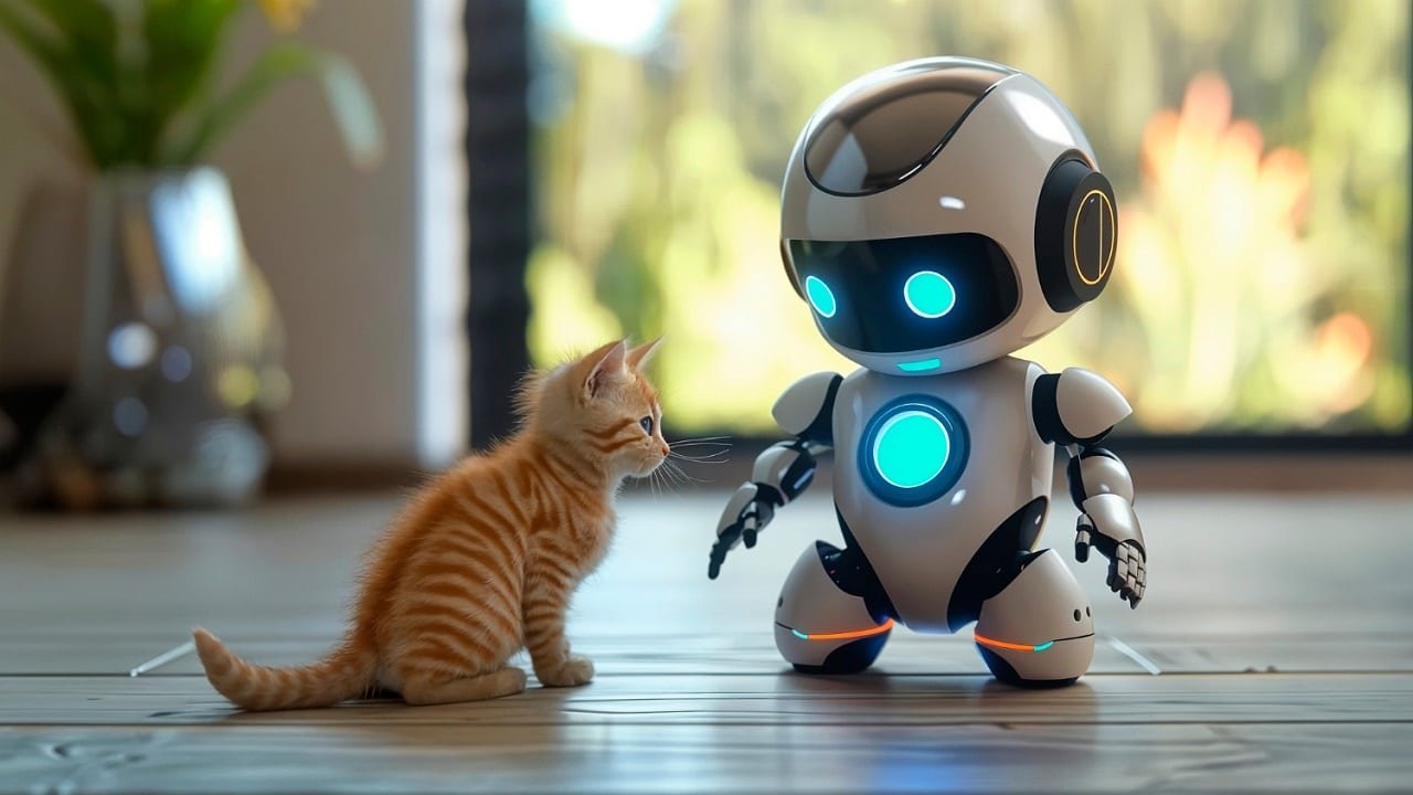 Un chat roux assis regardant un jouet robot se déplacer