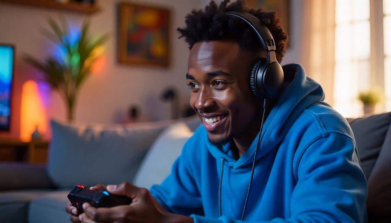 Un jeune homme avec un sweat bleu joue avec sa console de jeu vidéo avec un casque gamer sur les oreilles