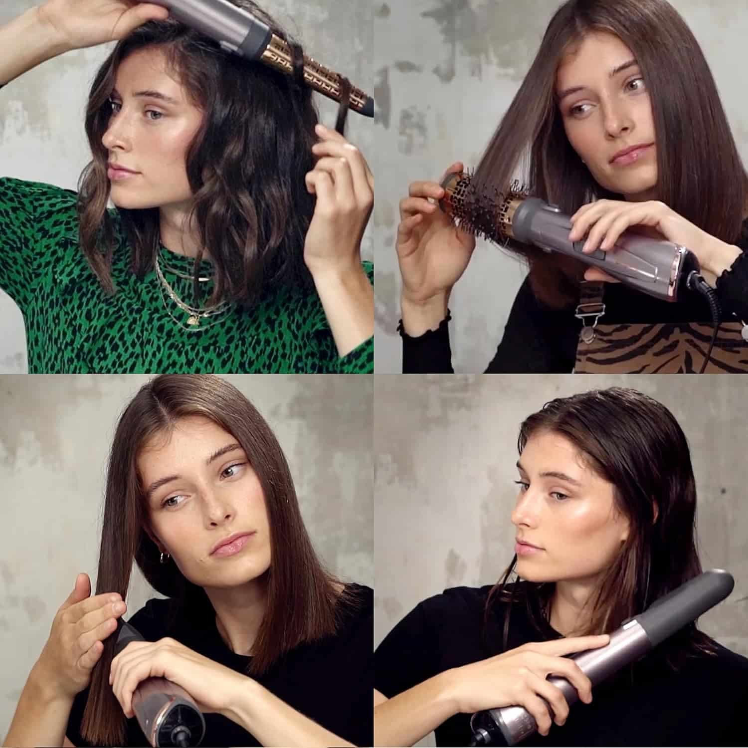 4 photos d'une femme en train de se coiffer les cheveux avec des appareils de la marque BaByliss : un fer à boucler, un lisseur, etc..