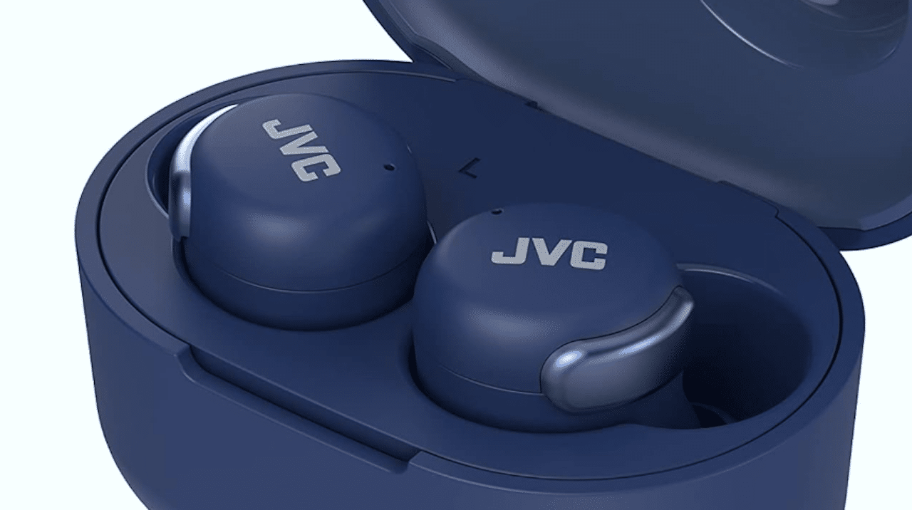 Un boitier bleu marine avec un casque de la marque JVC de la même couleur.