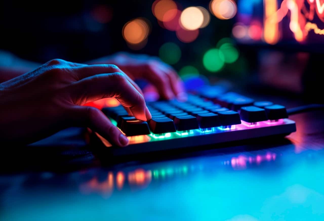 Gros plan sur les mains d'un gamer pianotant sur un clavier gaming rétroéclairé RGB