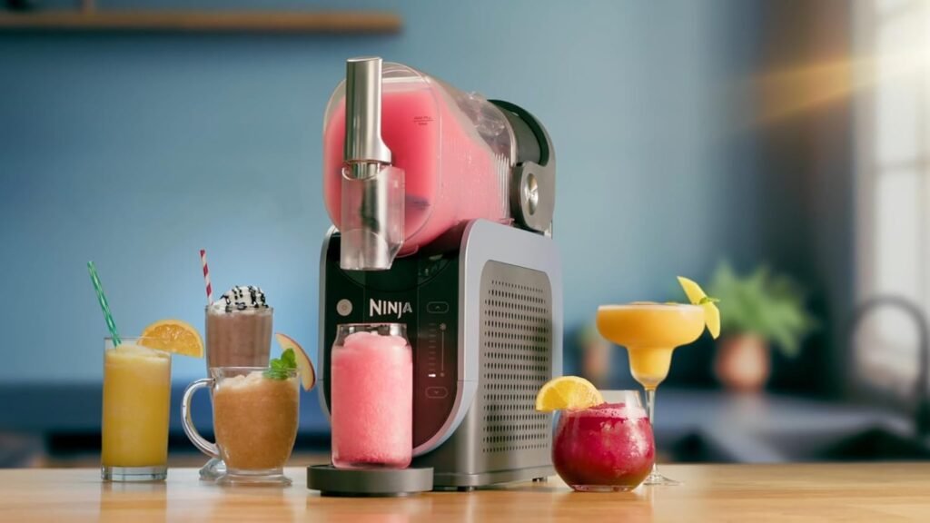 L'appareil à granités Ninja SLUSHi avec sur le devant plusieurs préparations de boissons glacées