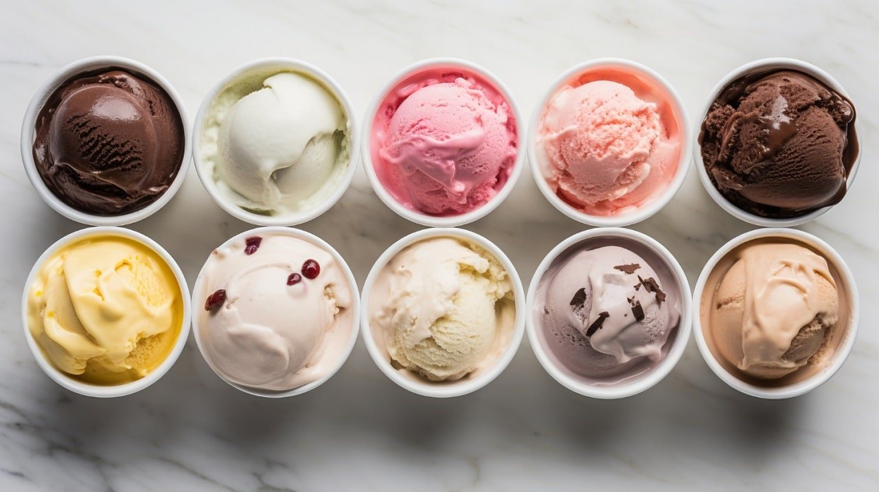 10 petits pots contenant chacun un parfum de glace différent