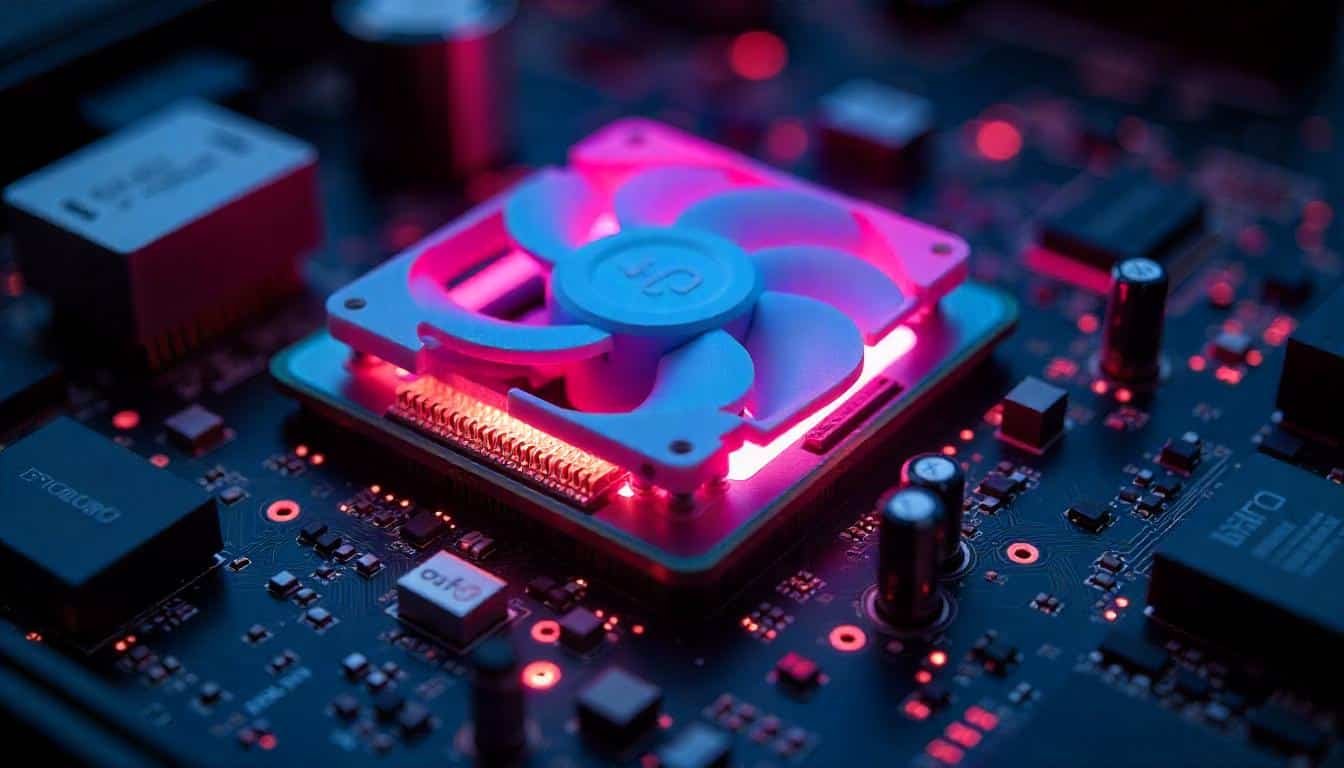 Un processeur avec au dessus son ventirad pour le refroidissement installés sur une carte mère