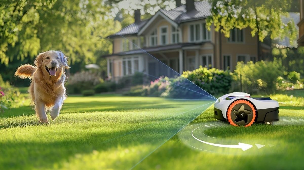 Le robot tondeuse Segway Navimow i105E en train de tondre une pelouse et démontrant l'efficacité de son système de détection d'obstacle en évitant un chien qui court sur la perlouse