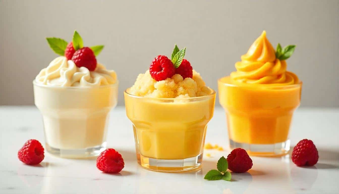 3 verres posés sur une surface en marbre contenant un sorbet, un granité et un yaourt glacé