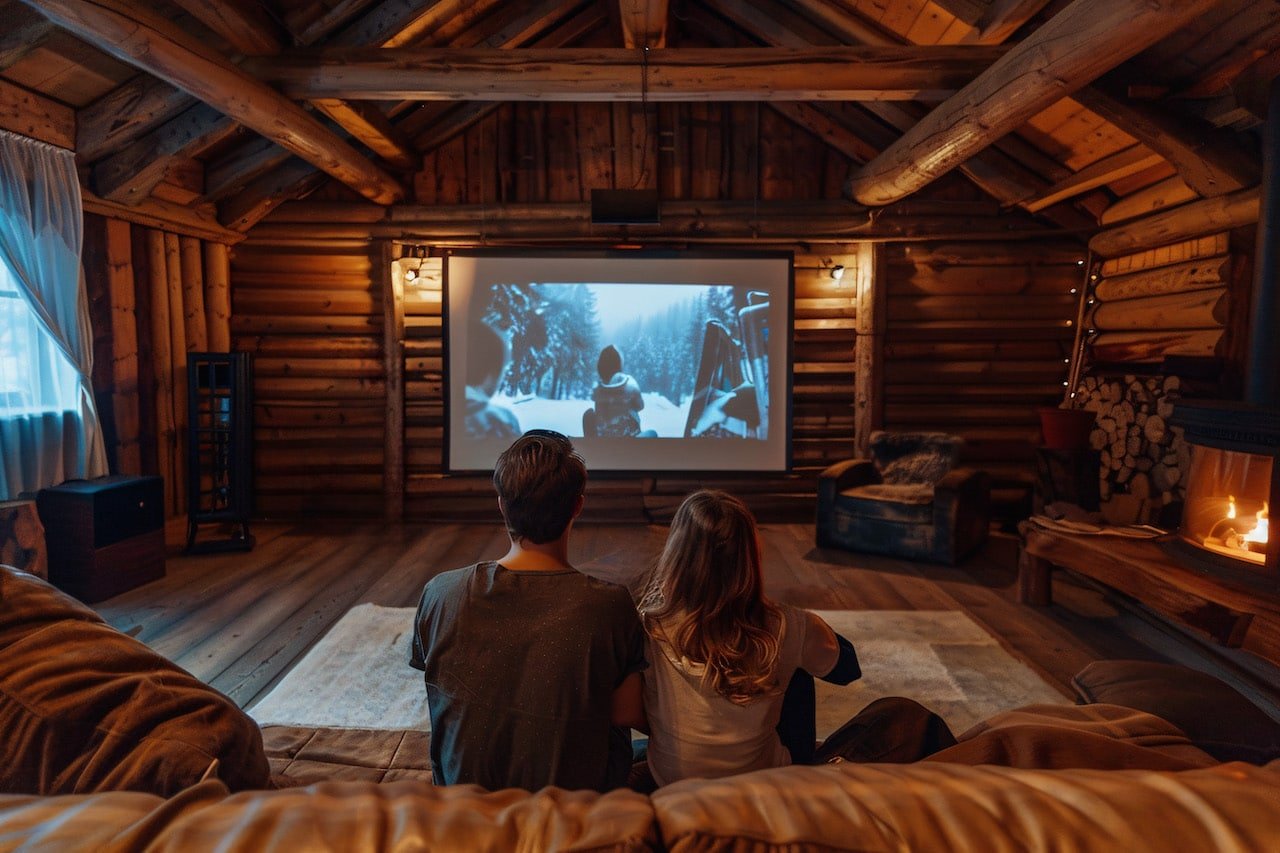 Un couple qui regarde une vidéo via un projecteur. Ils sont au chaud dans un chalet.