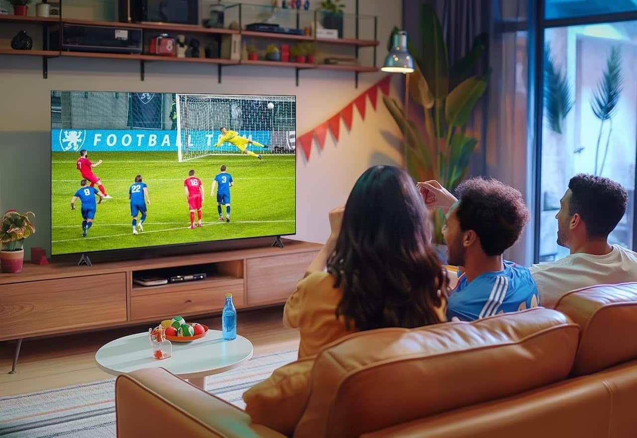 3 jeunes colocataires qui regardent un match de football à la télévision. Ils sont assis sur le canapé dans leur salon.