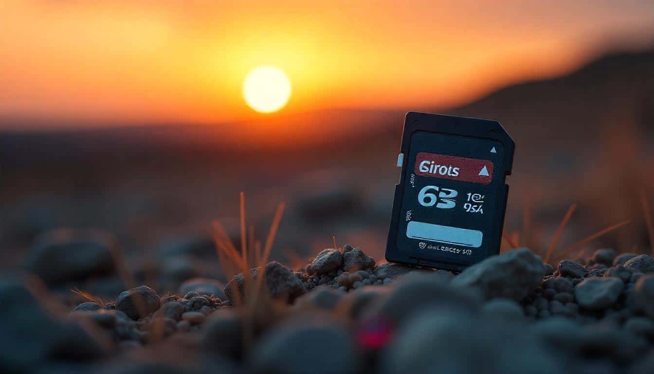 Une carte mémoire SD posée sur le sol avec en fond un coucher de soleil