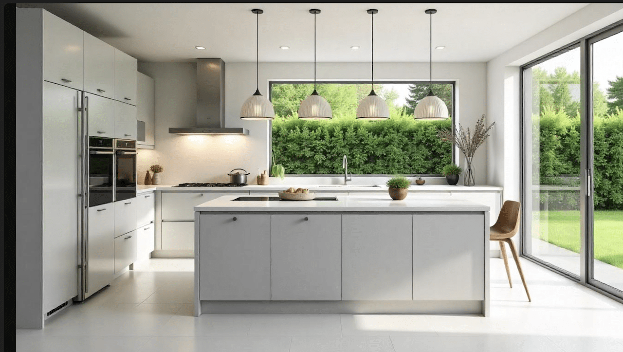 Une cuisine lumineuse et moderne, avec des appareils électroménagers encastrables.