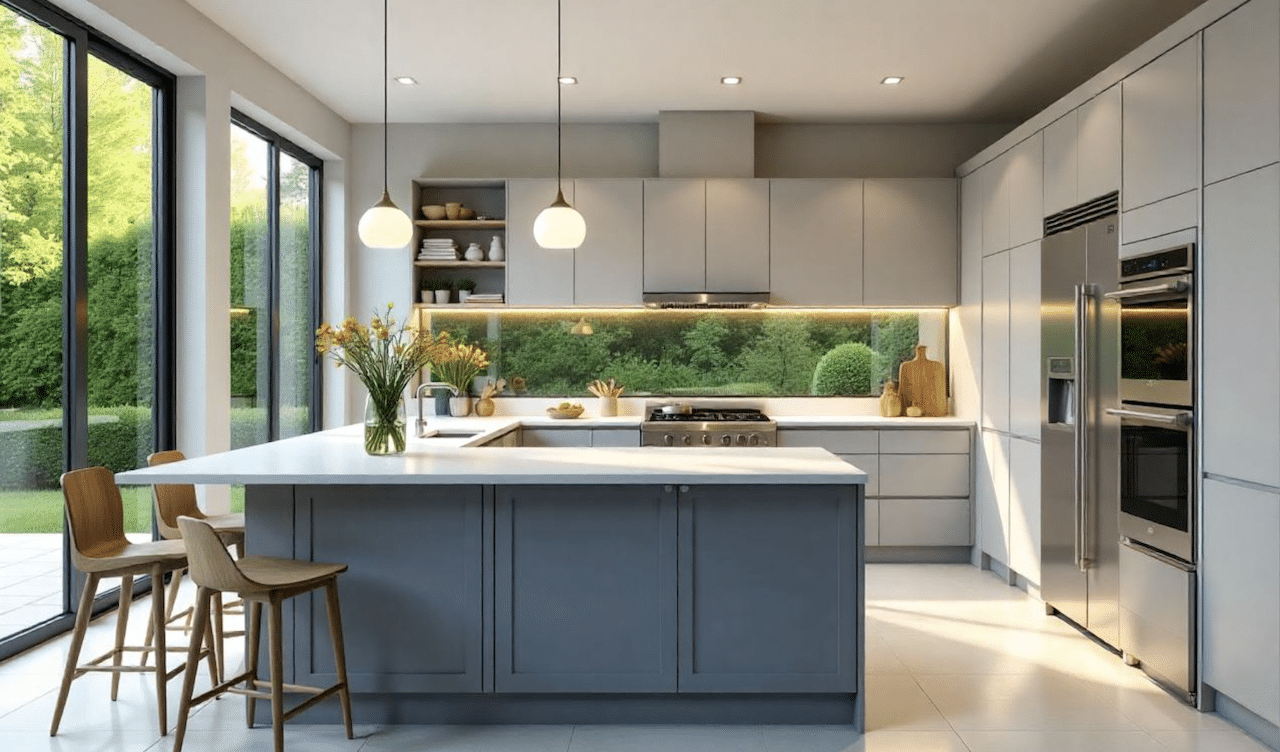 Une cuisine lumineuse et bien équipée en appareils électroménagers.