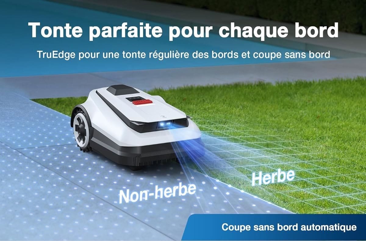 Image illustrant la technologie de tonte sans bord du robot tondeuse Ecovacs Goat A1600 RTK