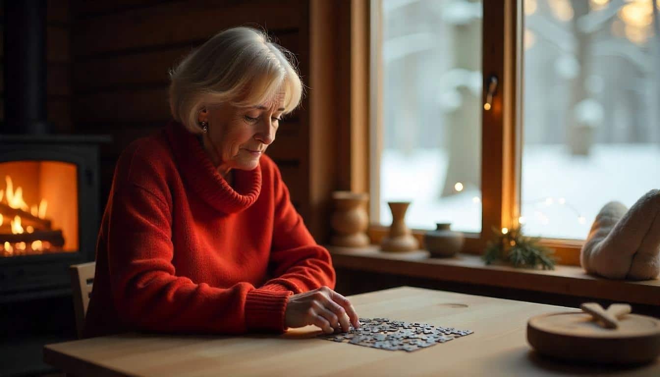 C'est l'hiver, une femme âgée fait un puzzle a coin du feu sur la table à manger 