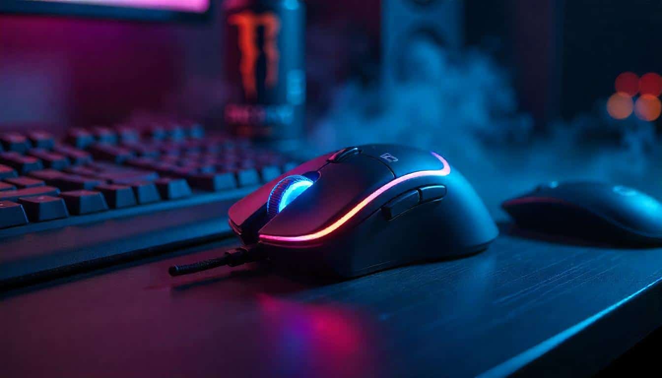 Une souris gamer rétroéclairée posée sur un bureau devant un clavier. Ambiance sombre avec leds comme éclairage