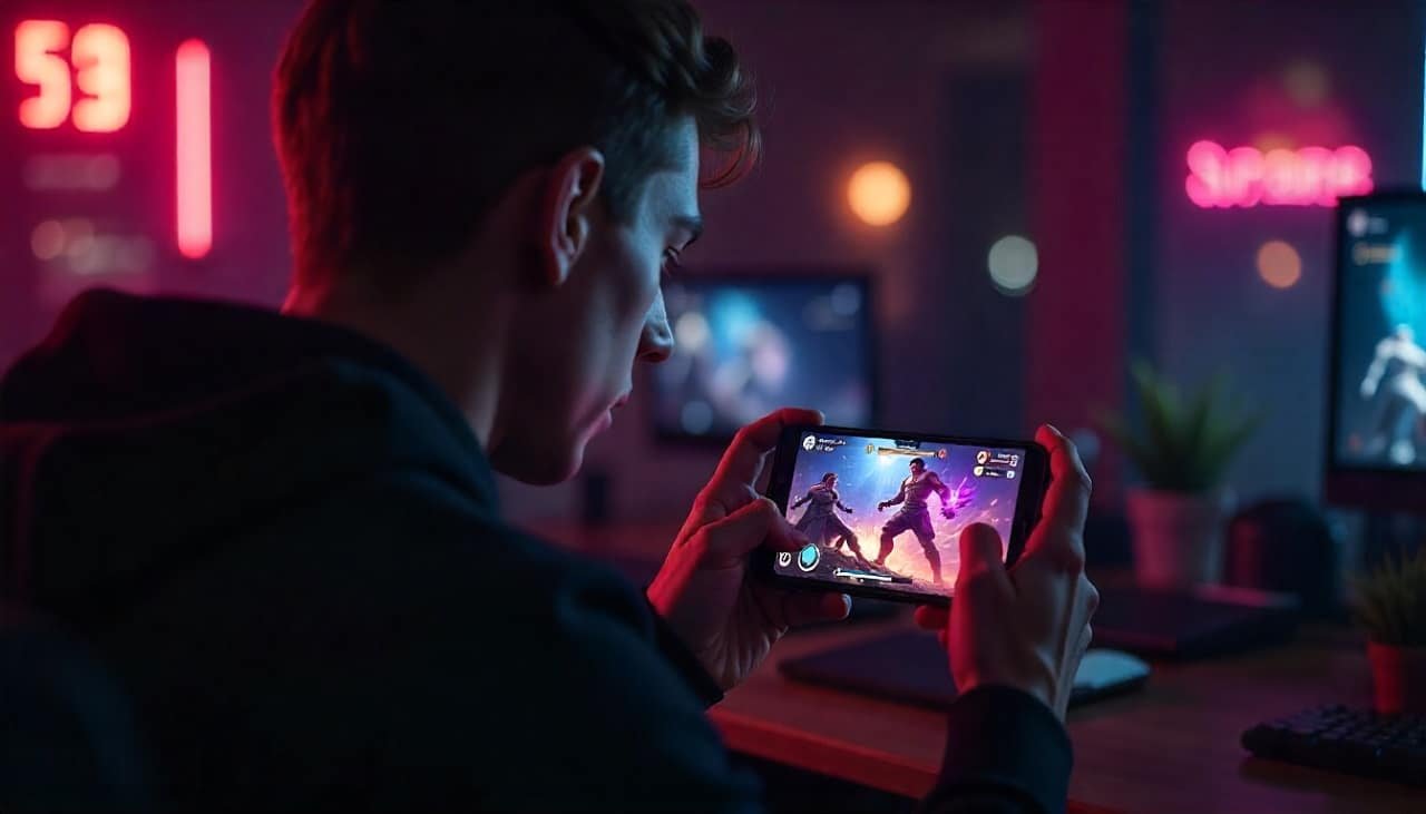 Un jeune homme jouant à un jeu mobile sur son smartphone gaming
