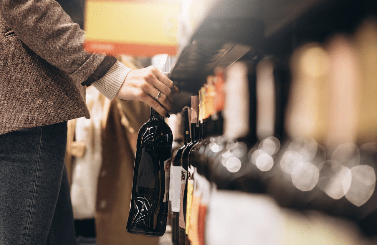 Une femme en train de choisir du vin au magasin.