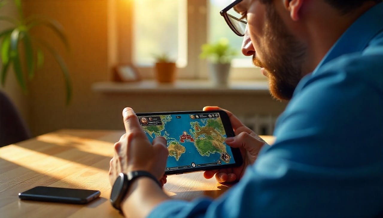 Un homme au bureau s'accorde un moment de détente en jouant à un jeu sur son téléphone mobile