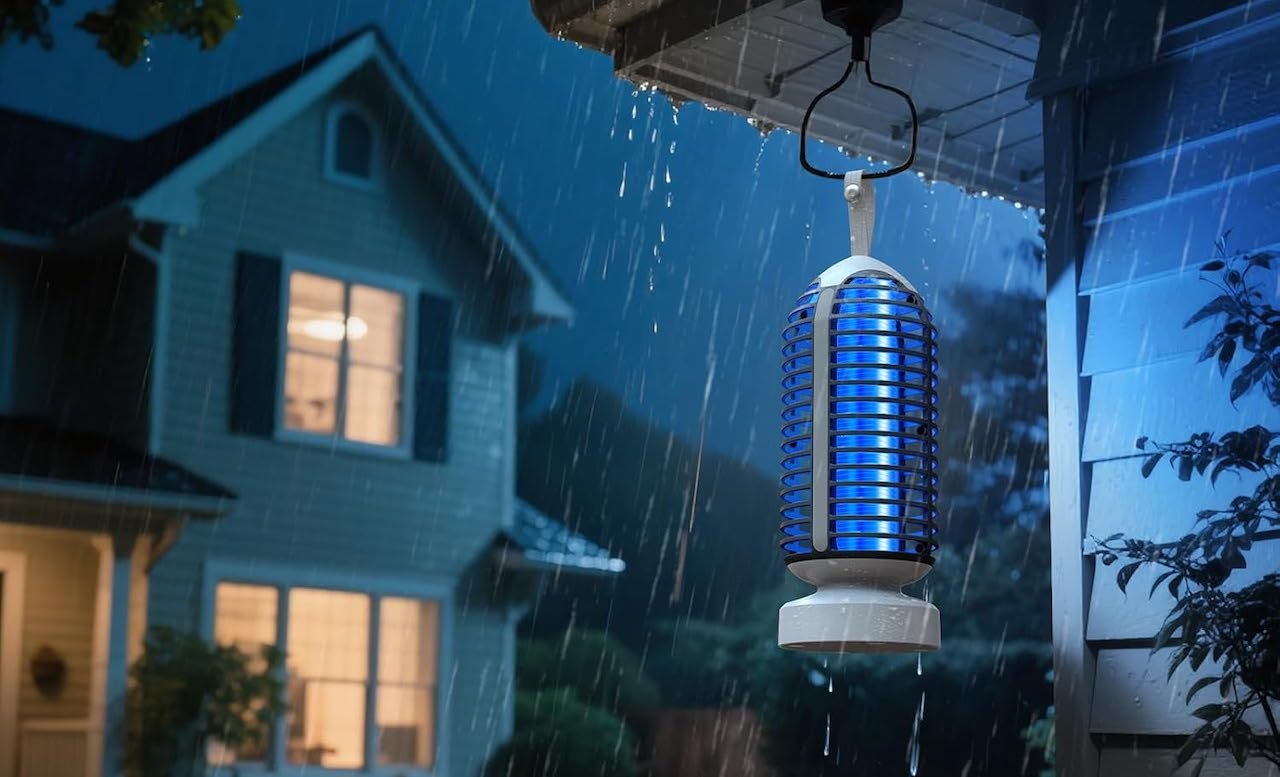 Une lampe anti-moustique accrochée à l'extérieur d'une maison.