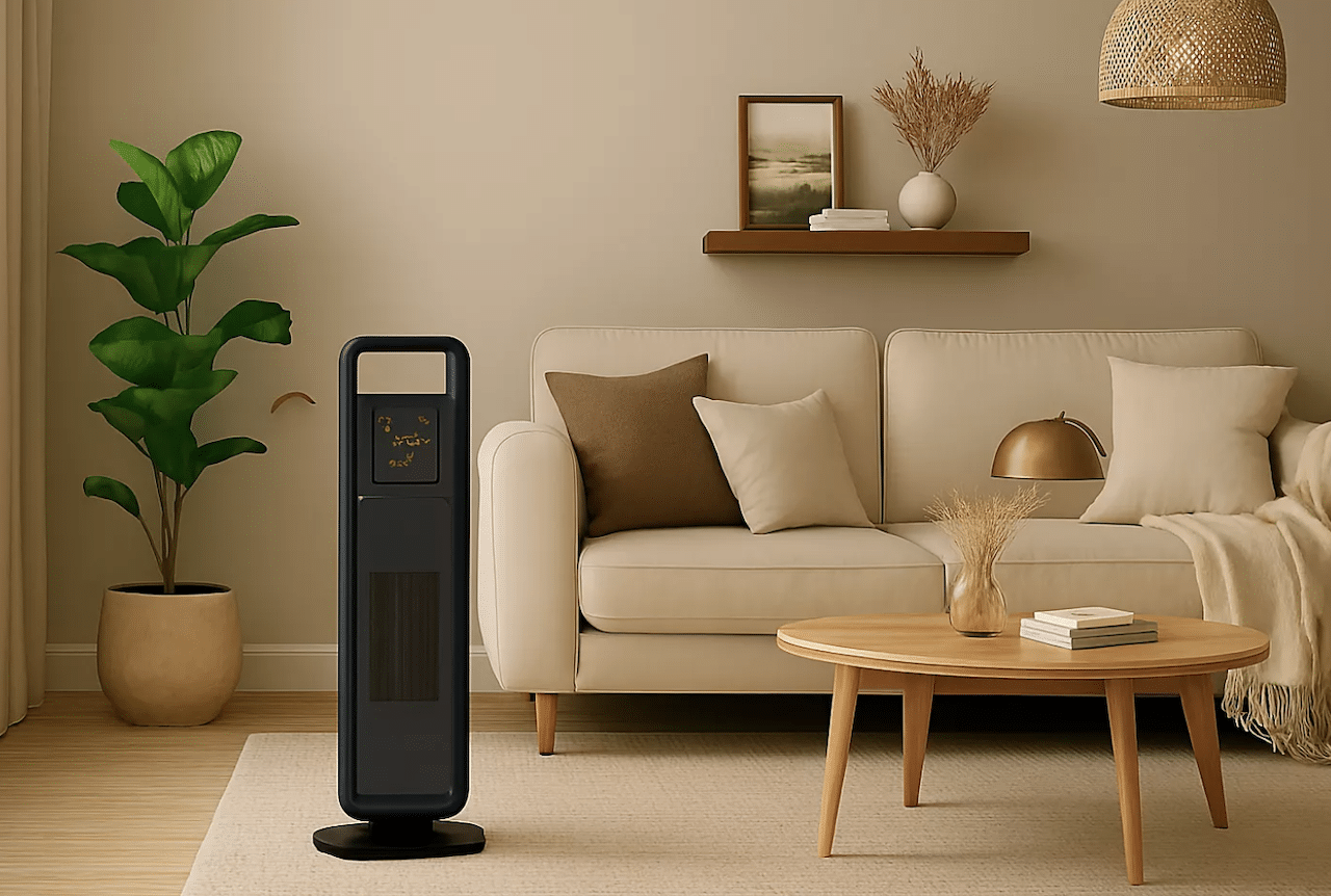 Un chauffage soufflant dans un salon cocooning.