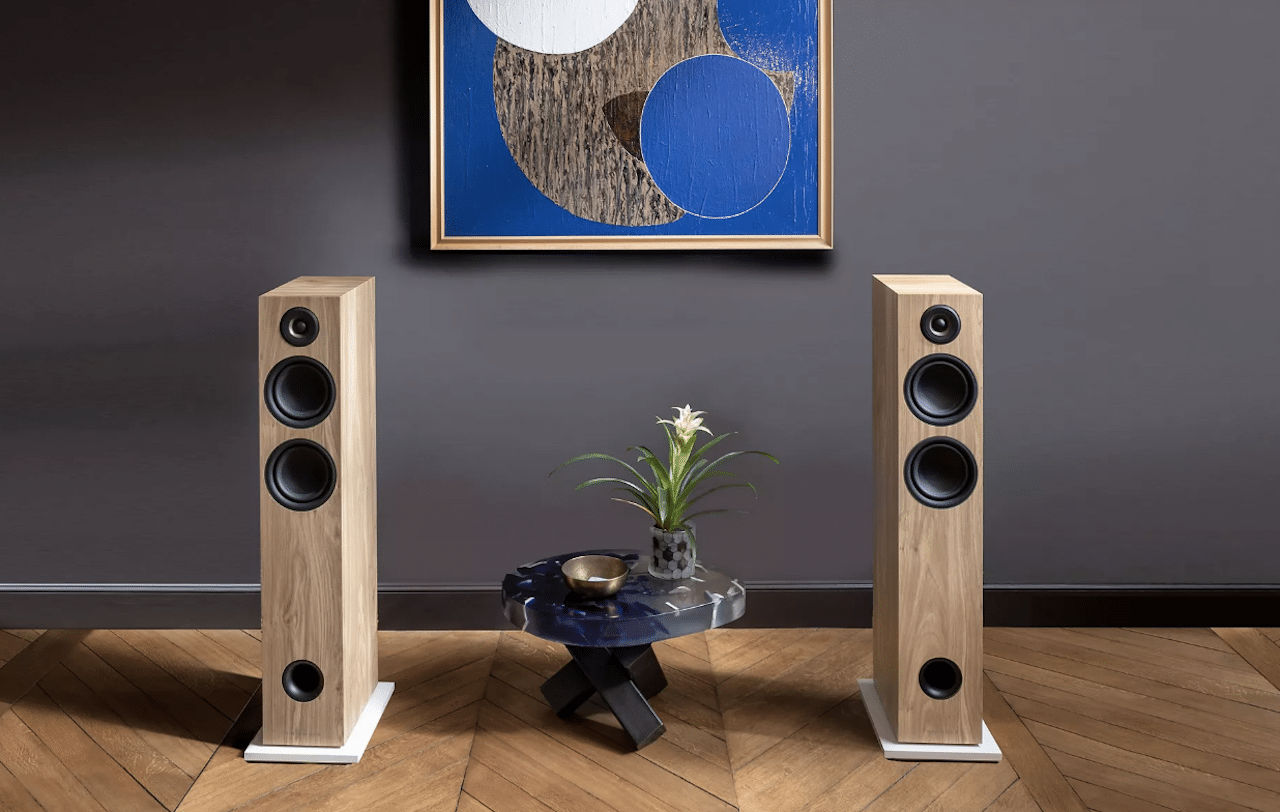 Deux enceintes à colonne dans un espace grand et moderne.