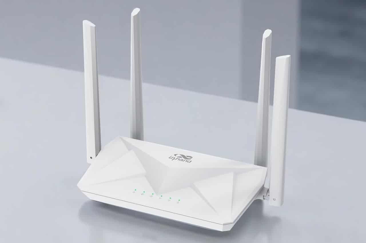 Un routeur Wifi blanc sur une table blanche.