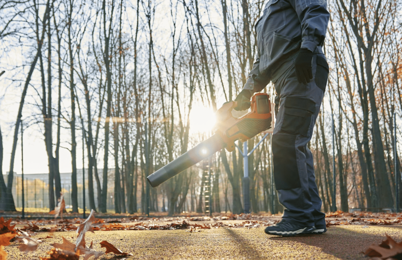 Un homme qui utilise un souffleur de feuilles dans une forêt.