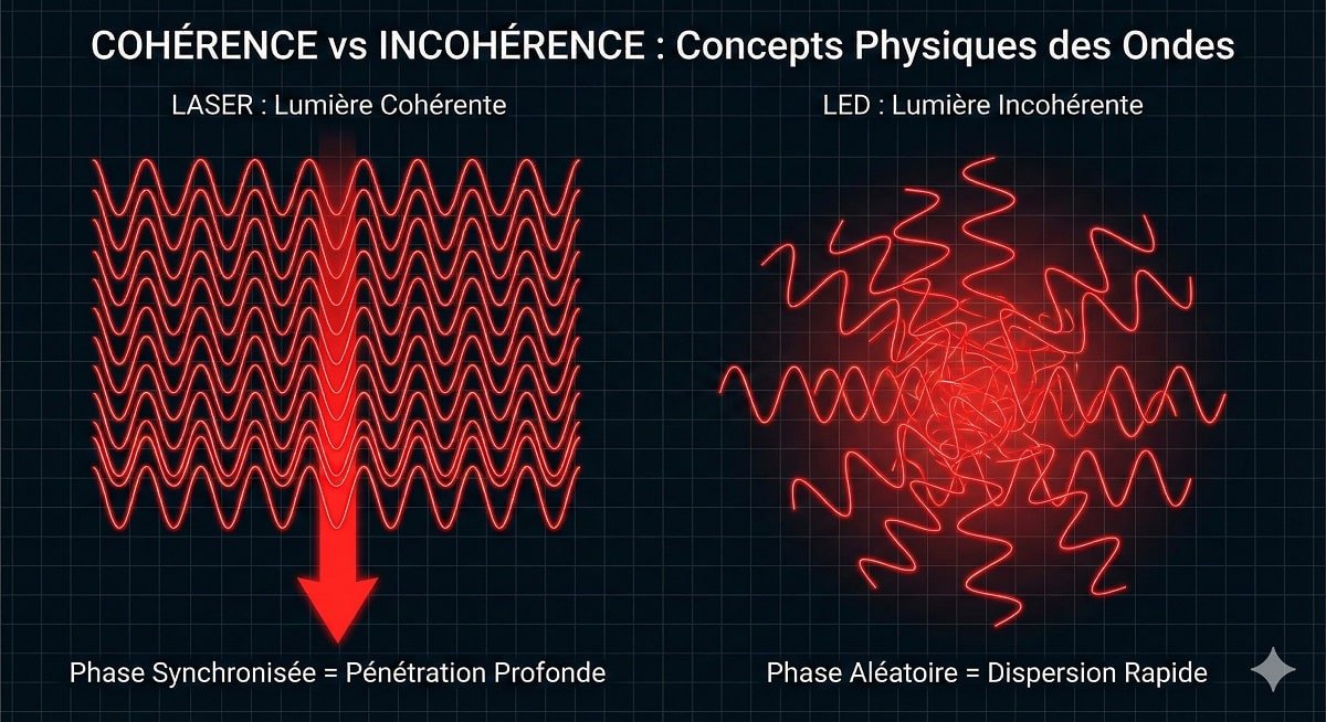 Comparaison entre la cohérence de la lumière provenant d'un laser et l'incohérence de celle provenant de LED