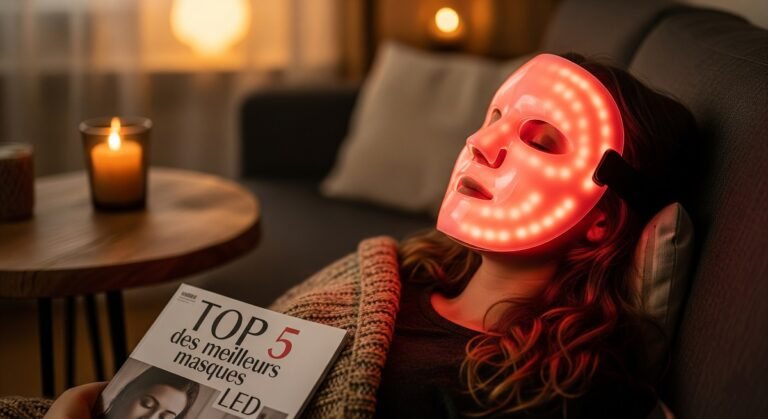 Une femme portant un masque LED à lumière rouge sur le visage. Elle tien dans ses mains un livre dont le titre est "TOP 5 des meilleurs maques LED"