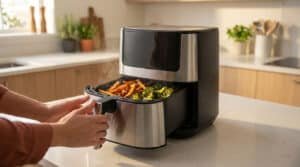 Une femme ouvrant le panier d'un Air Fryer dans lequel a cuit des brocolis et des pommes de terre